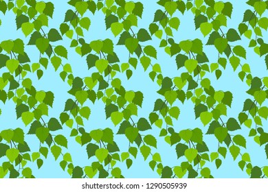 Seamless pattern with summer birch branches on blue sky background. Vector colored flat style endless texture.
