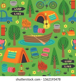 seamless pattern with summer camping in forest  - vector illustration, eps