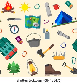 Seamless pattern of summer camping, outdoor icons. Isolated vector illustration.