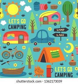 Seamless Pattern With Summer Camping - Vector Illustration, Eps