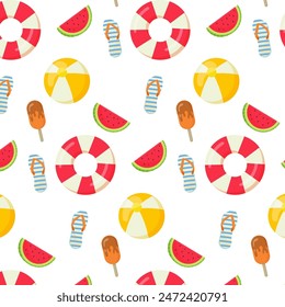 Seamless pattern. Summer cartoon ice cream, flip flops. lifeboy, ball. Vector illustration