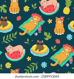 Seamless pattern with summer cats on vacation. Vector graphics.