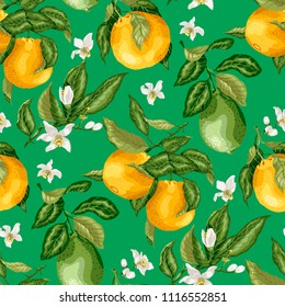 SEamless pattern summer citrus fruit branches of lime and orange tree with flowers in vector graphic illustration in bright colors