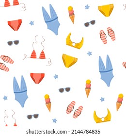 Nahtloses Muster mit Sommerkleidung und Accessoires auf weißem Hintergrund - Sonnenbrillen, Badeanzug, Schuhe. Flache Vektorgrafik für den Stoffdruck, Packpapier