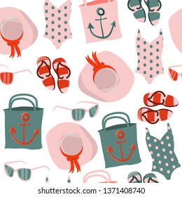 Seamless pattern with summer clothes and acsessoires:  swimsuit, handbag, hat, sunglasses, flip flops