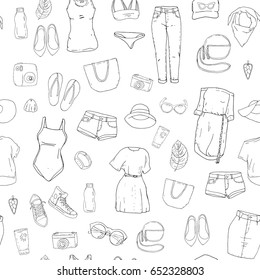 Seamless pattern with the summer clothes, dresses and bags in black and white