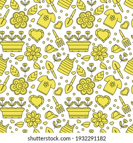 Seamless pattern with summer clothes, garden tools and flower seedlings in the box.