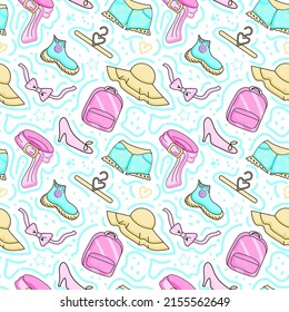 Seamless pattern of summer clothes, hand-drawn doodle elements on white background. Clothes for charity. Backpack, hat, shorts, shoes and belt. Second hand clothing idea.