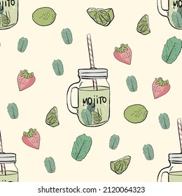 Seamless pattern summer cocktail. Fresh mojito, summer party, strawberry, mint. Print for packaging, fabric. Children's illustration