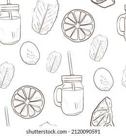 Nahtlose Muster Sommercocktail. Frischer Saft, Sommerparty, Erdbeere, Minze. Druck für Verpackung, Stoff. Kindergrafik