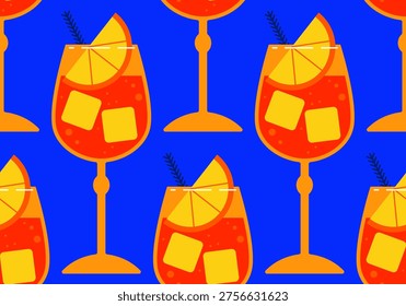 Seamless pattern with summer cocktails, oranges and ice cubes. Seamless pattern with Spritz classic cocktail. Spritz Cocktail in glass with ice and slice of orange. Aperol Campari Alcoholic Beverage