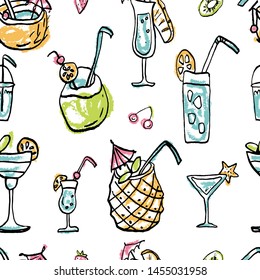 Seamless pattern of summer cold dessert ink doodles. Fresh cocktails and fruits. Vector stock set. Cute icons. Can be used for printed materials. Food holiday background. Hand drawn design elements.