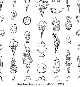 Seamless pattern of summer cold dessert ink doodles. Cool ice creams and fruits. Vector stock set. Cute icons. Can be used for printed materials. Food holiday background. Hand drawn design elements.