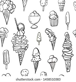 Seamless pattern of summer cold dessert ink doodles. Cool ice cream. Vector stock set. Cute icons. Can be used for printed materials. Food holiday background. Hand drawn design elements.