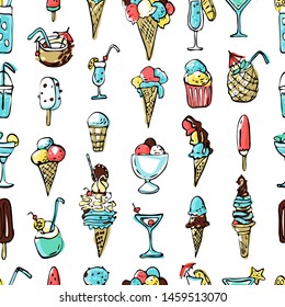 Seamless pattern of summer cold dessert ink doodles. Cool ice cream and cocktails. Vector stock set. Cute icons. Can be used for printed materials. Food holiday background. Hand drawn design elements.