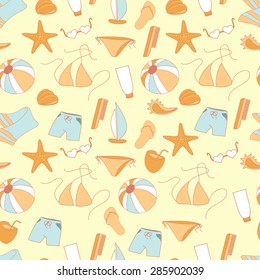 Seamless pattern summer collection of swimwear, shorts, ball, shells, boat, sunscreen.