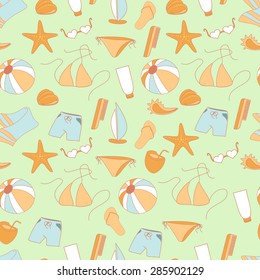 Seamless pattern summer collection of swimwear, shorts, ball, shells, boat.