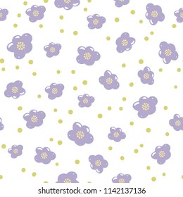 Seamless pattern with the summer colorful purple bloom. Cute flat flower glossy icon isolated on white. Hand-drawn cartoon texture for fabric, wallpaper or web background on vector EPS10 design