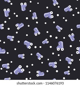 Seamless pattern with the summer colorful roller skates. Icons of rollers with white wheels repeated on dark background. Retro classic roller-skate commonly used in the 70s, 80s and 90s.