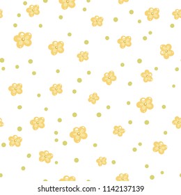 Seamless pattern with the summer colorful yellow flowers. Cute flat flower glossy icon isolated on white. Hand-drawn cartoon texture for fabric, wallpaper or web background on vector EPS10 design