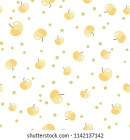 Seamless pattern with the summer colorful yellow apples. Apple cute icon in doodle flat style isolated on white background. Fabric print