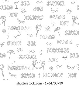 Seamless pattern summer concept. Words summer Paradise ocean Sea Vacation Beach. Contour drawings of palm trees, seagulls, deckchair parasol the sun