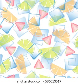 Seamless pattern summer cool with the strawberry pieces, lime, orange and ice cubes. Styling. Vector