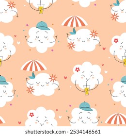 Padrão contínuo com verão bonito nuvens personagens com guarda-chuva de praia, limonada, cap. Ilustração de vetor plano