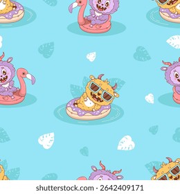 Seamless pattern with summer Cute Monster on inflatable pink flamingo and donut on blue background with tropical leaves. Beach Cartoon Funny kawaii character animal. Vector illustration
