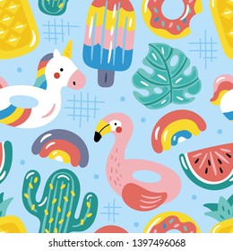 Seamless pattern for summer with cute pool floats. Childish background for fabric, wrapping paper, textile, wallpaper and apparel