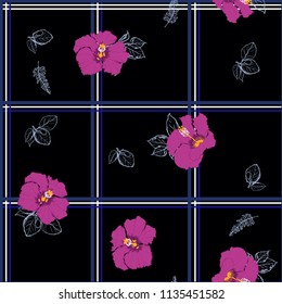 Seamless pattern summer delicate and beautiful wild blooming Hibiscus flowers vector with dark check or grid check for fashion ,wallpaper ,book ETC on navy blue background