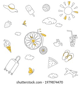 Seamless pattern with summer doodle elements. Sun, retro bicycle, ice cream.