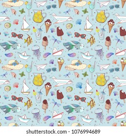 Seamless pattern with summer doodle sketch elements on blue background