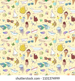 Seamless pattern with summer doodle sketch elements on yellow background