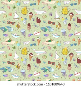 Seamless pattern with summer doodle sketch elements on green background