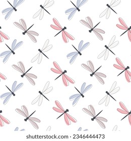 Seamless pattern with summer dragonfly insects. Vector graphics.