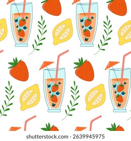Seamless pattern with summer drink. Coctail with strawberry. Juicy fresh drink in glass.