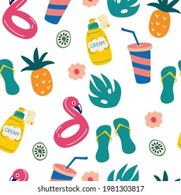 Seamless pattern with summer elements. Beach Items: Flip Flops, Sunscreen, Pineapple, Palm Leaf, Inflatable Circle Flamingo. Summer bright background for fabric design. Vector illustration.