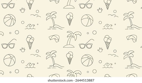 Seamless pattern with summer elements: beach balls, ice cream cones, palm trees, waves, sunglasses and beach umbrellas in a line art style.