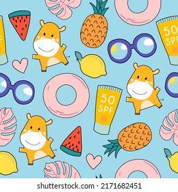 Seamless pattern with summer elements. Bright design with hand drawn tropical leaves, fruits, hippopotamus, sunscreen and glasses. Modern print for clothes, textiles, gift paper.