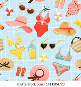 Seamless pattern with summer elements and checkered background. Flip flops, sunglasses, cocktail, hat, bag, swimsuit and sunscreen. Texture for textile, wrapping paper, packaging etc. Vector.