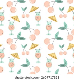 Seamless pattern with summer elements. Cherry and cocktail. Beach vacation. Flat vector illustration