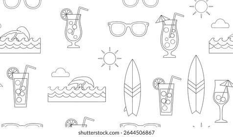 A seamless pattern of summer elements: cocktails with straws, surfboards, sunglasses, sun, waves with dolphin, all in outline style.