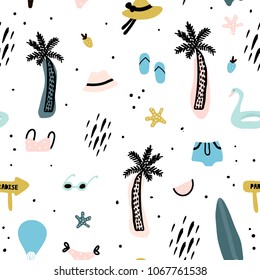 Seamless pattern with summer elements. Creative vector texture with palm tree,bikini,hat,sunglasses