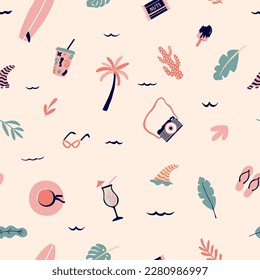 Seamless pattern with summer elements. Creative vector texture with fin, surfing, monstera, palm tree, hat, sunglasses, camera. Vector illustration for paper, cover, fabric, interior decor.  