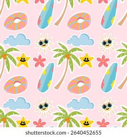 Seamless pattern with summer elements. Creative vector texture with palm trees, clouds, stars, flowers, sunglasses. Vector seamless summer pattern.
