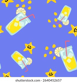 Seamless pattern with summer elements. Creative vector texture with lemon juice and yellow star. Vector seamless summer pattern.