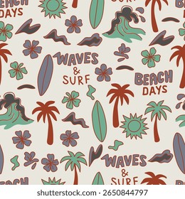 Padrão contínuo com elementos de verão. Textura vetorial criativa com palmeira, prancha de surf e flores. Ilustração vetorial