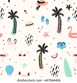 Seamless pattern with summer elements. Creative vector texture with palm tree,bikini,hat,sunglasses