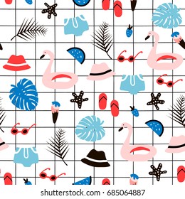 Seamless pattern with summer elements. Creative vector texture with palm tree,flamingo swimming circle,hat,sunglasses